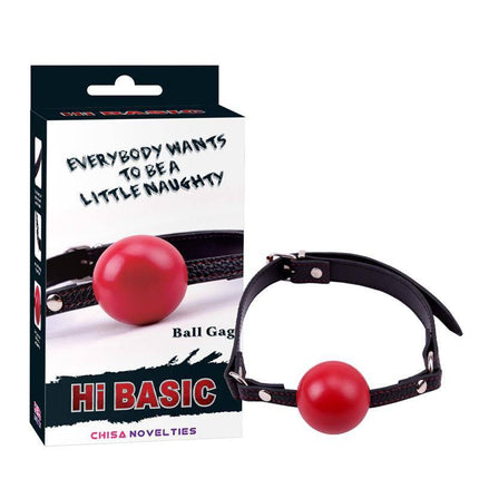 Red Ball Gag with black strap, packaged and displayed for intimate play, crafted from durable materials for comfort and style enhancement.