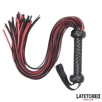 Red Black Flogger 65 cm by LATETOBED with braided handle and dual-color strands.