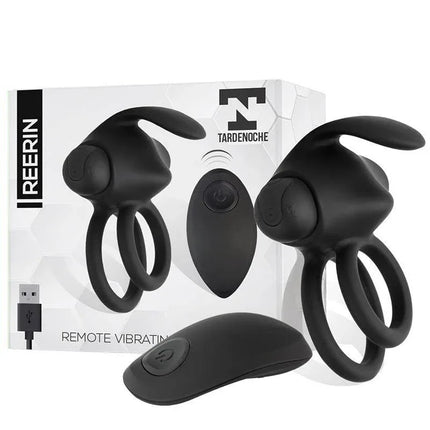 Reerin Dual Vibrating Ring USB Remote Control USB Silicone in premium black packaging with remote control and dual-ring design.
