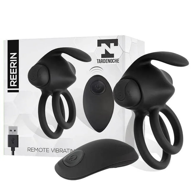 Reerin Dual Vibrating Ring USB Remote Control USB Silicone in premium black packaging with remote control and dual-ring design.
