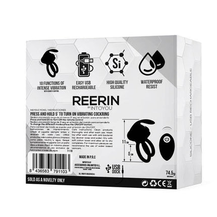 Reerin Dual Vibrating Ring USB Remote Control USB Silicone packaging with features like high-quality silicone and waterproof resistance.