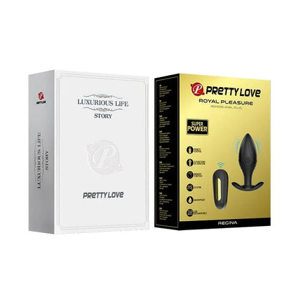 Regina Royal Butt Plug with Remote USB in elegant packaging, featuring super power and remote control for enhanced pleasure.