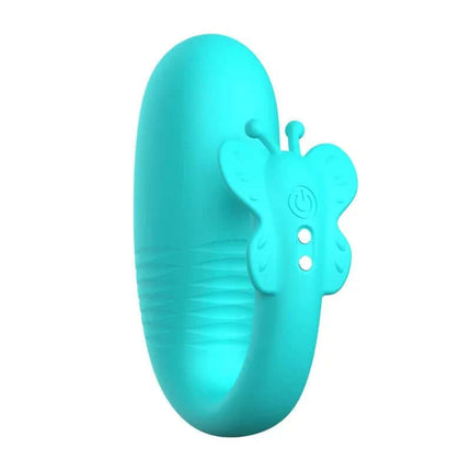 Remi Stimulator with Vibration and Thrusting in teal color, featuring butterfly design and ergonomic shape for targeted pleasure