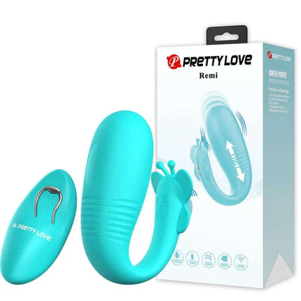 Remi Stimulator with Vibration and Thrusting, featuring a turquoise design and remote control, displayed with packaging.