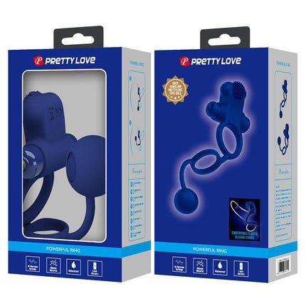 Pretty Love vibrating cock ring packaging featuring dual-ring design and vibration options.