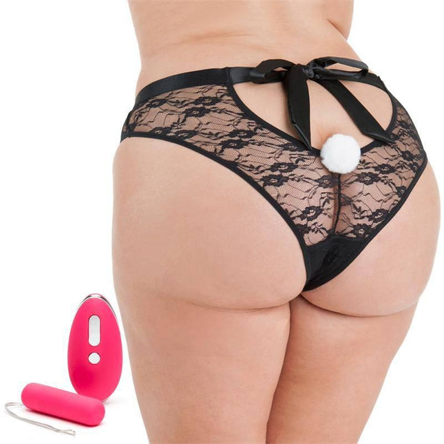 Remote Control Knicker Vibe Plus Pink lingerie with bunny tail and remote vibrator, featuring 30 vibration functions.