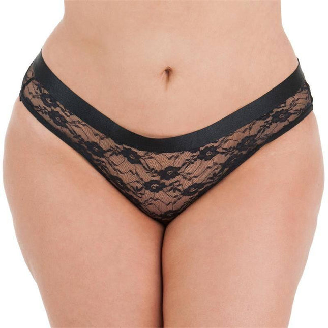 Black lace panties with a satin waistband, showcasing stylish design and comfort.