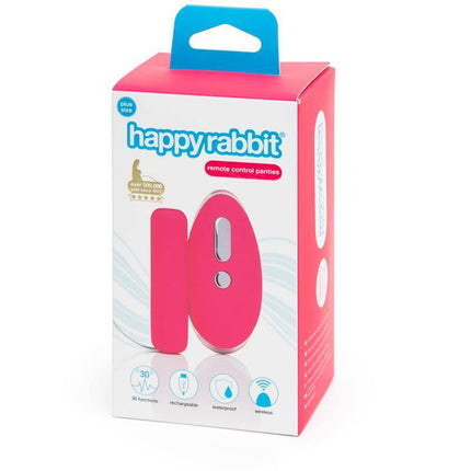 Remote Control Knicker Vibe Plus Pink in packaging with blue details, showing 30 vibration functions and happy rabbit branding.
