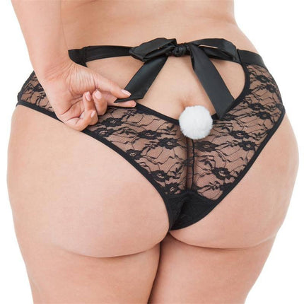 Rear view of black lace panties with bow and cotton bunny tail, part of Remote Control Knicker Vibe Plus Pink lingerie set.