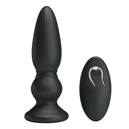 Remote Control Prostate Massager with Vibration featuring a sleek black silicone design with wireless remote control for precise use.