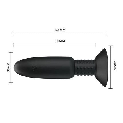 Remote-Controlled Anal Plug with Vibration and Rotation - USB, black, with dimensions labeled in millimeters for enhanced pleasure.