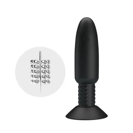 Remote-Controlled Anal Plug with Vibration and Rotation - USB black design with internal rotating beads and suction base.