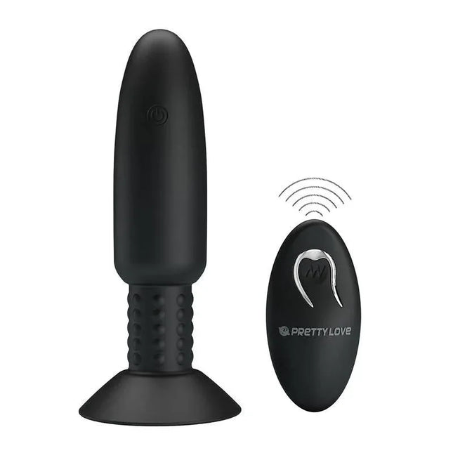 Remote-Controlled Anal Plug with Vibration and Rotation - USB shown with wireless remote control, black color product image.