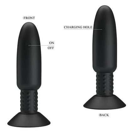 Remote-Controlled Anal Plug with Vibration and Rotation - USB, showing on/off button and charging hole.