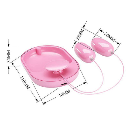 Remote Vibrating Bullets with USB and 12 Modes in pink, features twin bullet design and detailed dimensions