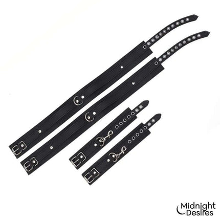 Restrain Set with Hand and Thigh Cuffs by Midnight Desires featuring adjustable buckles for secure fit, enhancing submission play.