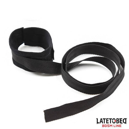 Restraint 3 Pieces Set Blindfold, Anklecuffs and Wristcuffs Adjustable for couples, featuring black Latetobed BDSM line cuffs.