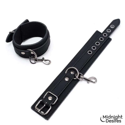 Restrain Set with Hand and Thigh Cuffs featuring adjustable buckles by Midnight Desires, includes wrist and thigh restraints.
