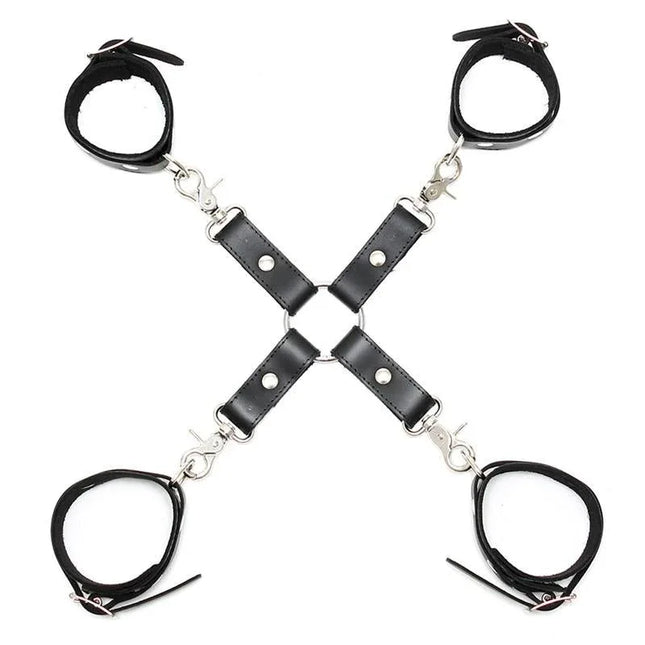 Black leather Restraints Adjustable featuring buckles and carbine hooks for secure and versatile use in consensual restraint play.