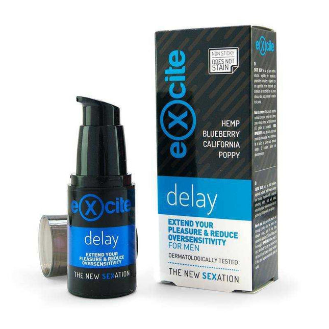 Retardant Gel Man Delay 15 ml bottle and packaging with natural soothing ingredients like hemp and poppy.
