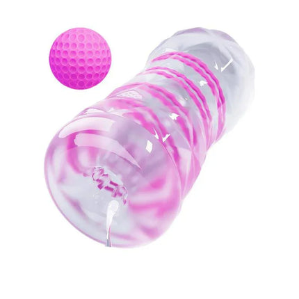 Reusable Male Masturbator transparent sleeve with textured design for compact and discreet pleasure enhancement.