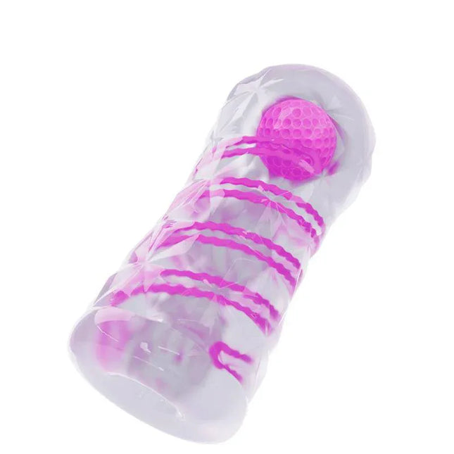 Reusable Male Masturbator with compact transparent design for discreet use and storage, featuring textured sleeve for enhanced pleasure.