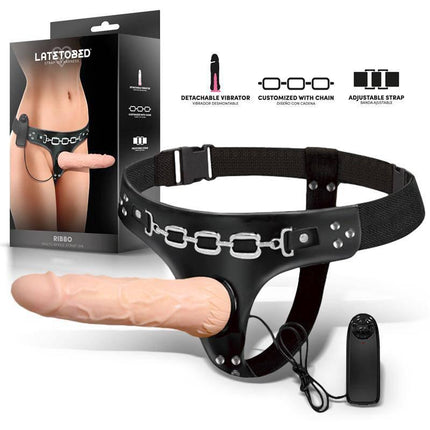 Ribbo Multi-Speed Strap-On Harness with Remote Control featuring adjustable straps and detachable vibrating dildo in soft materials