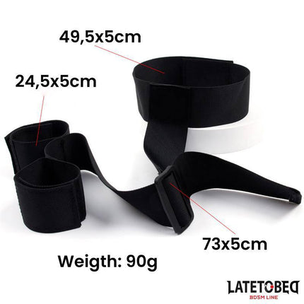 Ribbon Neck to Wrist Bondage restraint set with measurements and Latetobed BDSM Line branding