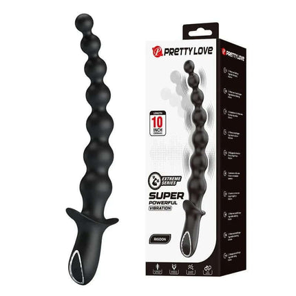 Rigdon Anal Beads with Vibration and packaging showing 10 vibration functions, body-safe silicone, designed for versatile anal pleasure.