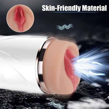 Riley Automatic Male Masturbator Vibration and Suction showing skin-friendly material and suction feature with futuristic design