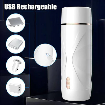 Riley Automatic Male Masturbator Vibration and Suction with USB rechargeable feature and sleek white design.