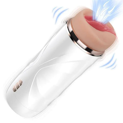 Riley Automatic Male Masturbator Vibration and Suction with futuristic white design, 7 vibration patterns, and 5 suction modes.