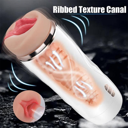 Riley Automatic Male Masturbator Vibration and Suction with ribbed texture canal for enhanced stimulation and pleasure.