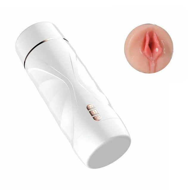 Riley Automatic Male Masturbator Vibration and Suction in futuristic white design with multi-texture functionality.