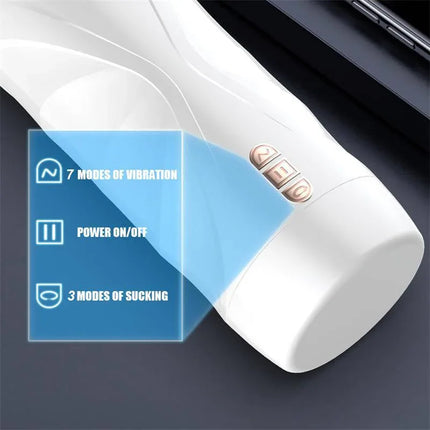 Close-up of Riley Automatic Male Masturbator showing vibration and suction features on a white futuristic design.