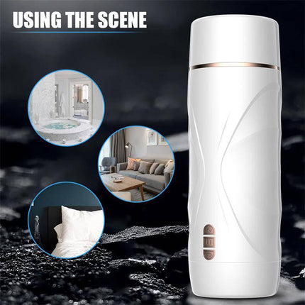 Riley Automatic Male Masturbator Vibration and Suction with white design shown in various settings