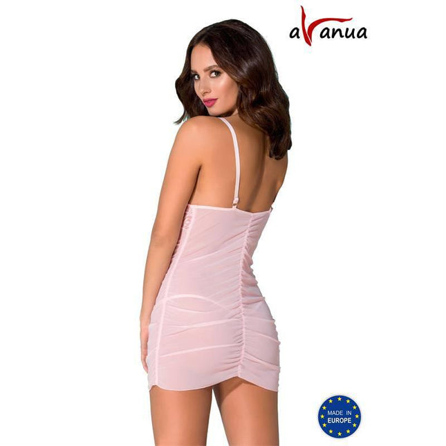Rear view of woman in RIMA Chemise Pink lingerie with lace detailing, highlighting body-skimming fit, perfect for a romantic evening.