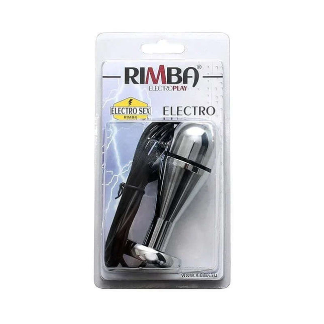 Rimba Electro Play Balloon Butt Plug in packaging for electro-stimulation pleasure, dual-use design for anal and vaginal enjoyment.