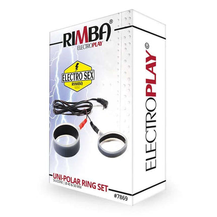 Rimba Electro Play Penis Ring Set packaging featuring unipolar silicone rings for enhanced electro play stimulation.