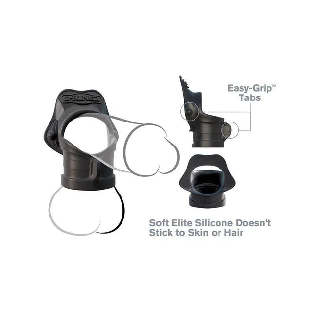 Ring and Ball Stretcher Black made with body-safe silicone and easy-grip tabs for comfort and performance, product image.