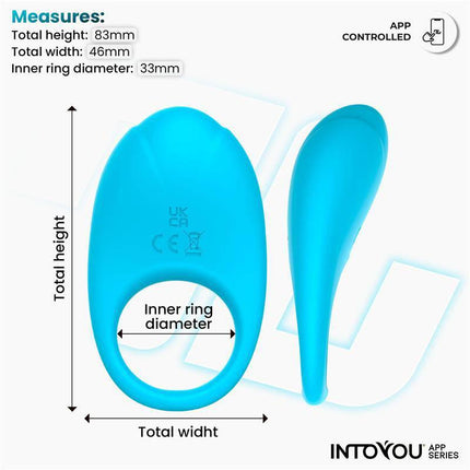 Ringo Vibrating Ring with App Unibody Blue showcasing dimensions and design features, including app-controlled technology.