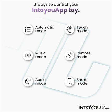 Infographic showing 6 control modes for Intoyou App toy: Automatic, Touch, Music, Remote, Audio, and Shake.