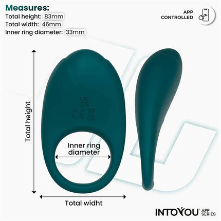 Ringo Vibrating Ring with App Unibody Green by Intoyou® dimensions and app control features.