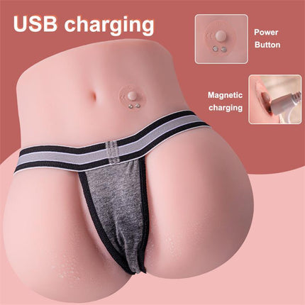 Roberta Masturbator with Vibration 2 kg featuring USB charging and power button detail