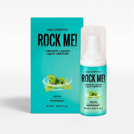 Rock Me! Liquid Vibrator Mint 20 ml packaging and bottle by NUEI COSMETICS, offering mint-flavored intimate play stimulation.