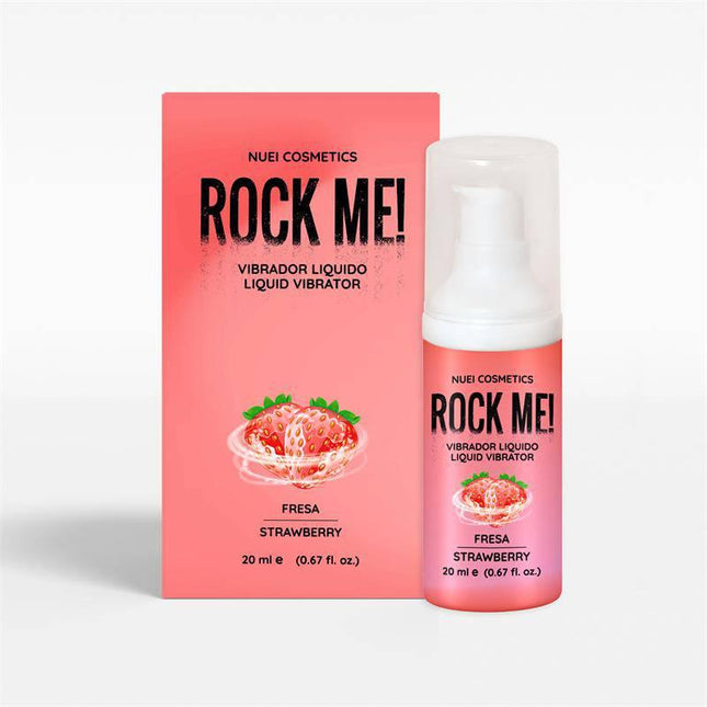 Rock Me! Liquid Vibrator Strawberry 20 ml, a stimulating gel by NUEI COSMETICS, shown in packaging with strawberry illustration.
