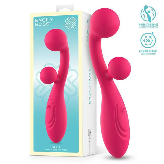 Rollie Vibe with Double Stimulating Ball by Engily Ross in pink, featuring dual-ball design for targeted stimulation and 10 vibration functions.