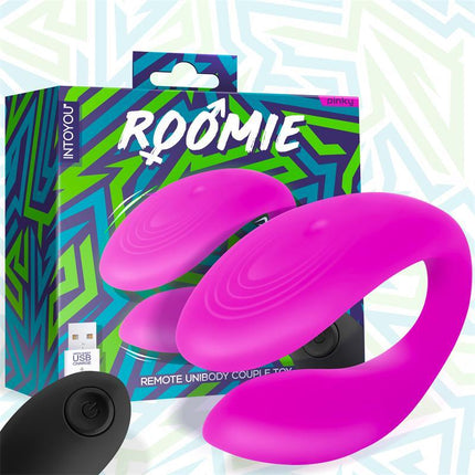 Roomie Couples Vibrator Liquid Silicone Unibody Remote Control USB in vibrant pink with packaging and remote