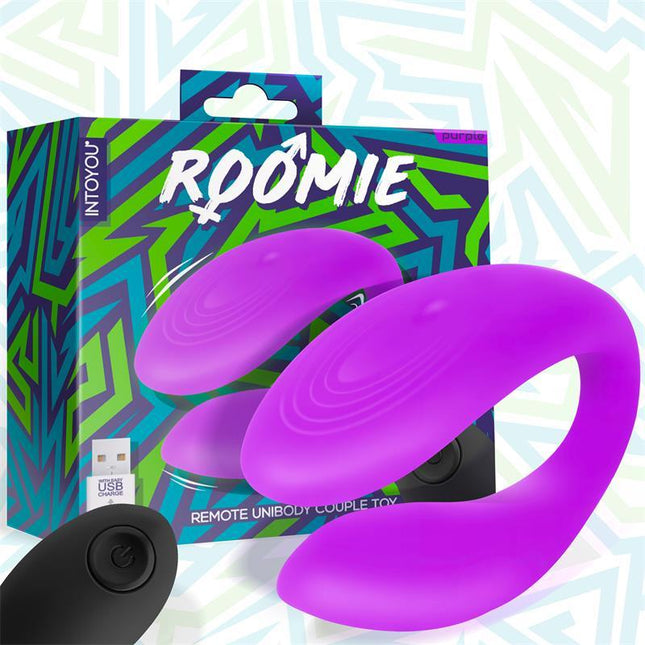 Roomie Couples Vibrator Unibody Liquid Silicone Remote Control USB in packaging, featuring purple design and smooth silicone body