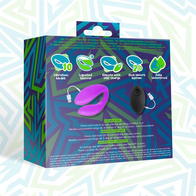 Roomie Couples Vibrator Unibody Liquid Silicone Remote Control USB packaging displaying features and remote.